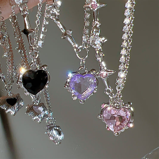 17KM Y2K Crystal Heart Necklace Fashion Kpop Shiny Clavicle Chain Necklaces for Women Girls New Trend Party Gifts Jewelry