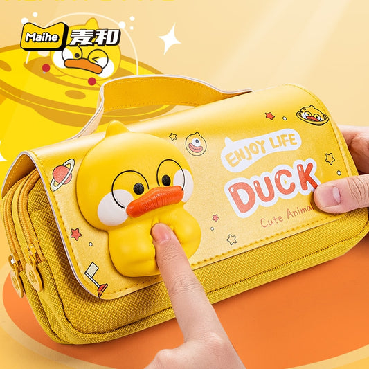 Decompression Pencil Case for Girls Big Leather Canvas Cute Anime Pig Duck Pen Box Pouch Bag School Supplies Kawaii Stationery