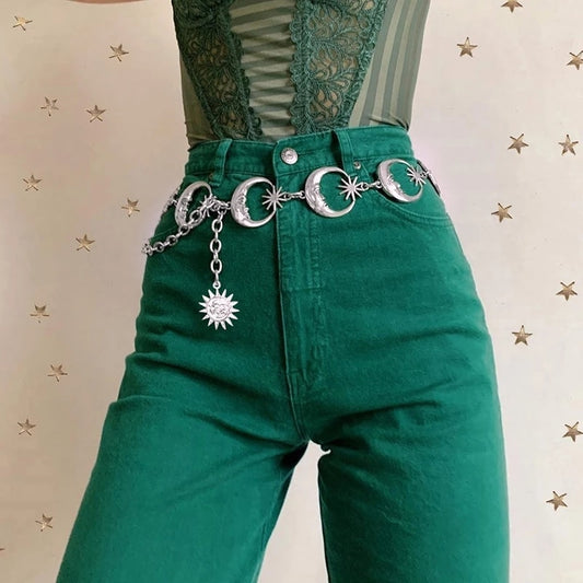 Womens Fashion Belt Hip High Waist Gold Silver Narrow Metal Chain Gothic Moon Silver Pendant Vintage High Waist Chain