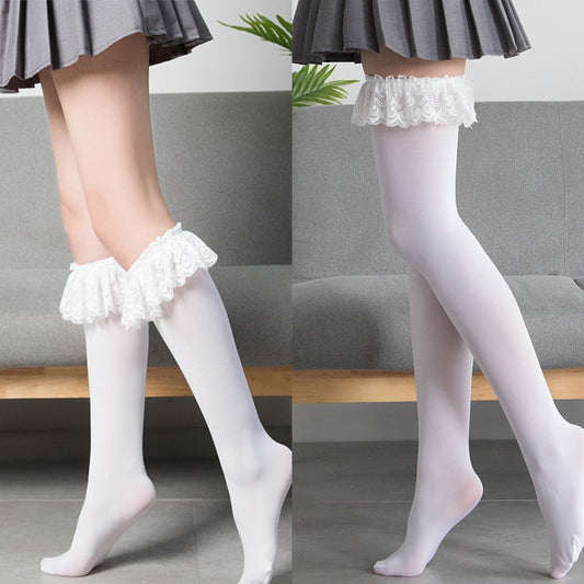 Woman Socks Lace Cute Black White Velvet Lolita Long Socks Knee High Socks Kawaii Cosplay Anime Ruffle Nylon Stockings