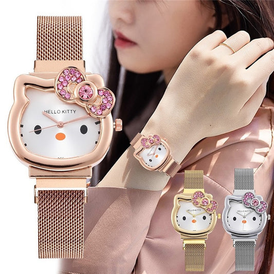 Kawaii Hello Kitty Watch Metal Vintage Diamond Bow Ladies Watch Kawaii Girl Birthday Cartoon Anime Student Magnet Strap Gifts