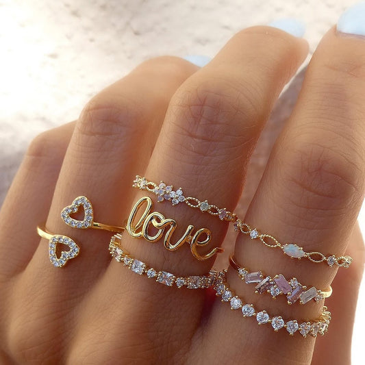 IPARAM Bohemia Crystal Rings for Women Letter LOVE Heart Flower Zircon Ring for Lovers Wedding Gifts Charm Fashion Jewelry