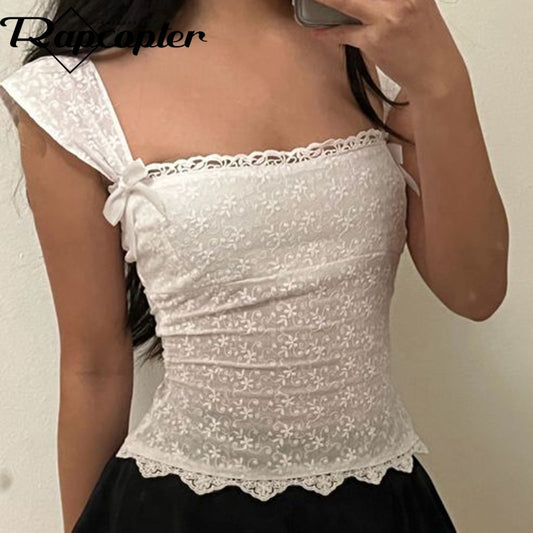 Rapcopter Y2K Lace Crop Top Bow Square Collar T Shirt Women Chic Fairycore Tee Korean Harajuku Basic Casual Pullovers Cute White