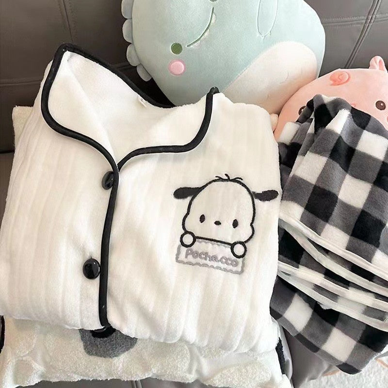 Sanrio Kawaii Pochacco Women Winter Warm Flannel Pajamas Thick Coral Velvet Long Sleeve Cartoon Sleepwear Kawaii Home Suit Coat