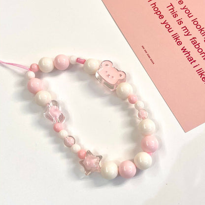 Fashion Pink Acrylic Bear Beaded Mobile Phone Chain For Women Girls Jewelry Trend Cute Lanyard Female Charm Accessories