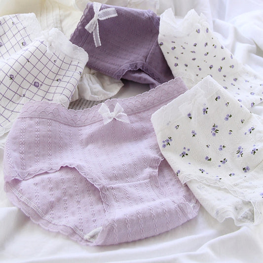 Cute Purple Ruffles Panties Bow Soft Cotton Girl Underwear Broken flower women's Lingerie
