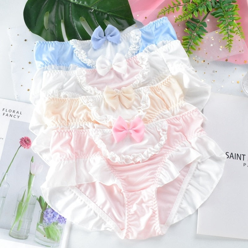 4XL Large Size Women Milk Silk Cute Lovely Sweety Princess Style Lolita Bow Ruffles Panties Elasticity Candy Colors Underwear