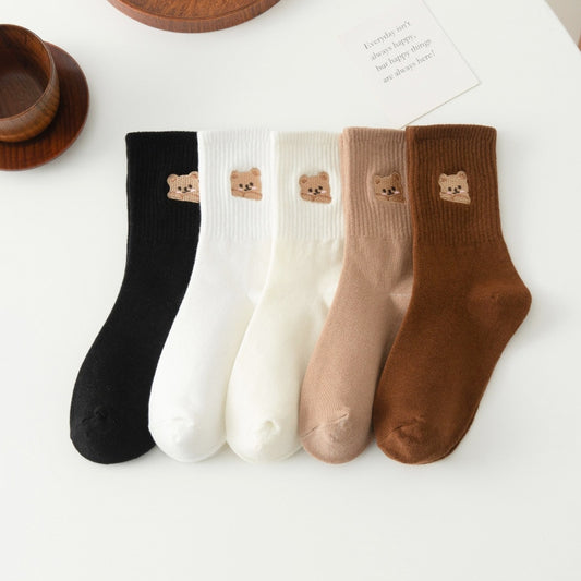 Bear Embroidery Ssocks Cute Funny Women Socks Japanese Harajuku Solid Color Spring and Autumn Fashion popular Socks for Girls