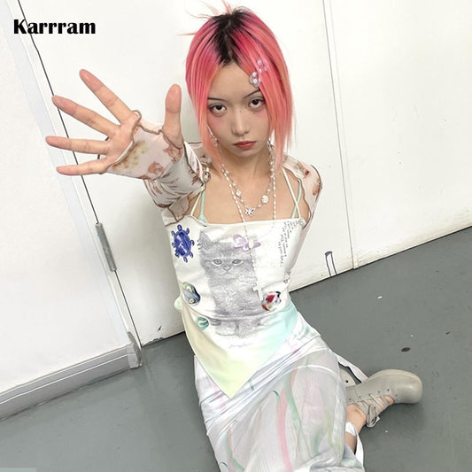 Karrram Y2k Aesthetics Camisole Japanese Harajuku Tank Top Fairycore Kawaii Cat Printed Cami Tops Irregular Cute Halter Tops 00s