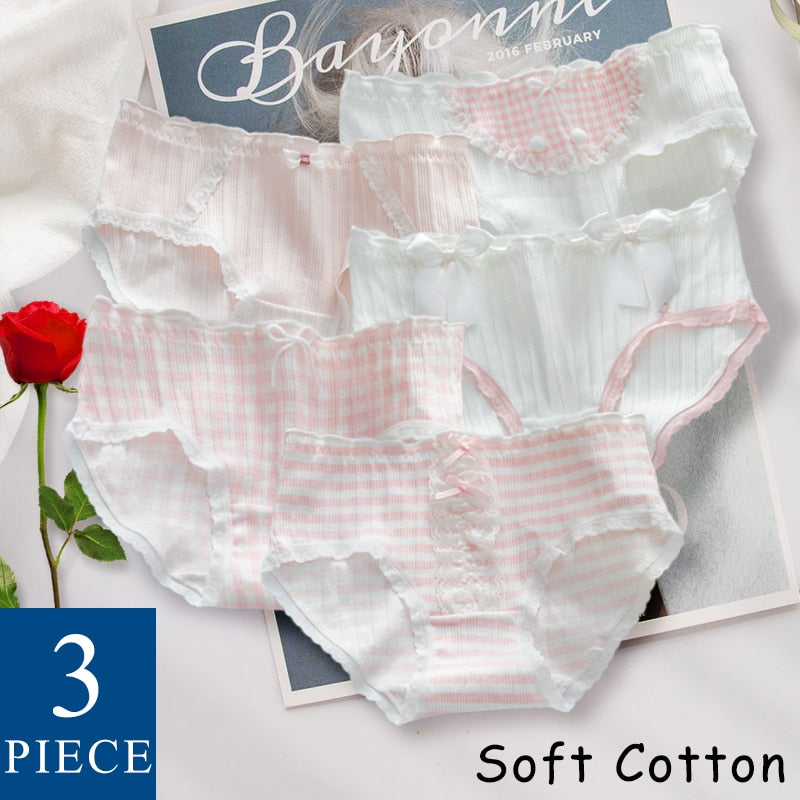 WONTIVE 1pc 3pcs set Cute Panties with Bow Knot Womens Cotton Panties Pink Lolita Japanese Panty Underwear For Women Girl Briefs