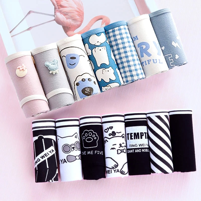 7PCS/Lot Women's Underwear Cute Cotton Panties Seamless Briefs For Girl Ladies Lingerie Cartoon Pantys Print Underpants