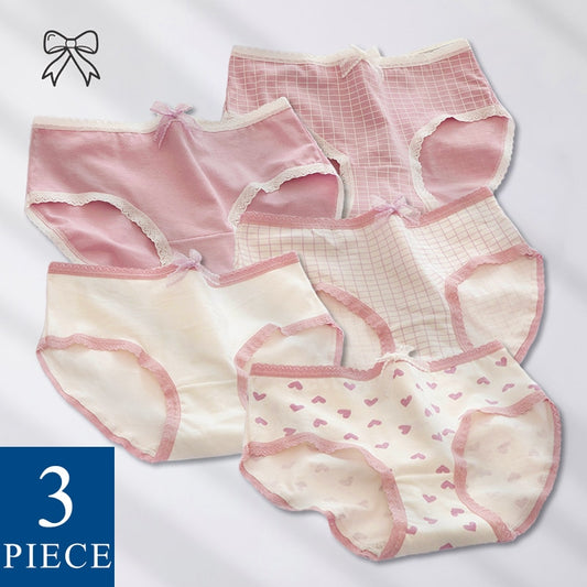 3PCS Set 3 Pieces for Women Panties with Bow Line Japan Style Cute Cotton Panties M-2XL Girly Ladies Period Panty