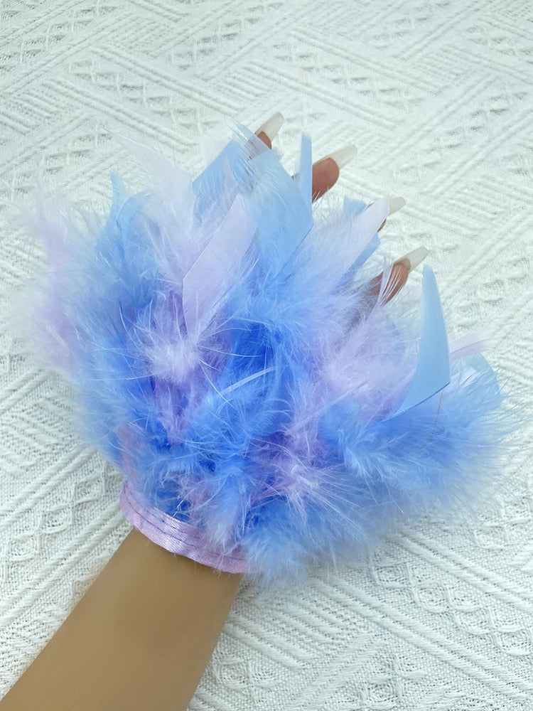 Women Natural Fur Feather Cuffs Snap On Bracelet Arm Cuff Shirts Sleeves For Women Real Ostrich Feather  Anklet Wrist Cuff