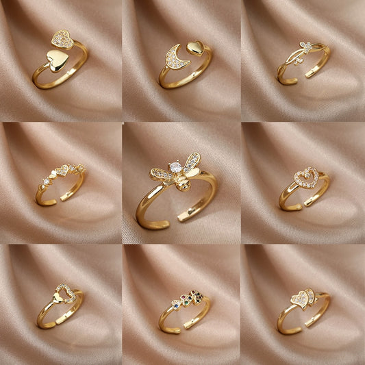 Bee Butterfly Ring For Women Open Adjustable Stainless Steel Cubic Zirconia Moon Heart Finger Ring Elegant Birthday Jewelry