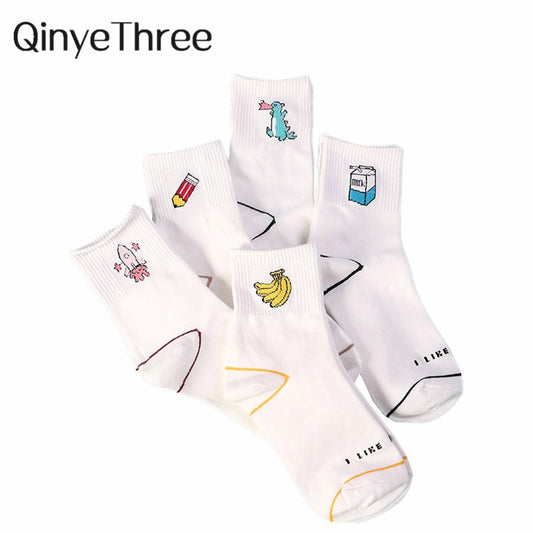 Women Kawaii Milk Banana Dinosaur Pencil Rocket Cartoon Socks Novelty Illustration Letter White Cute Cotton Sokken Dropship