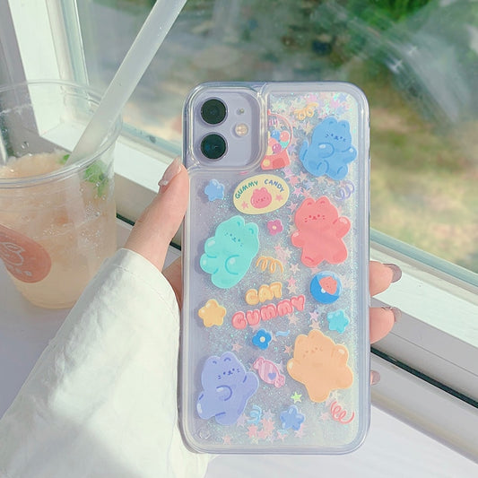 Glitter Dynamic Liquid Phone Case Fashion New Year Gift for IPhone 13 12 11 Pro 7 8 Plus X XR XS Mini Candy Cat Quicksand Cover