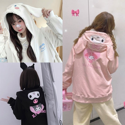 Cute Sanrio My Melody Kuromi Cinnamoroll Girl Coat Autumn Winter Cotton Hooded Cardigan Sweatshirt Girl Plush Coat Birthday Gift