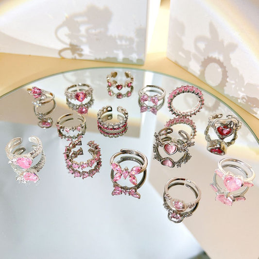 Y2K Pink Crystal Irregular Heart Ring Vintage Shiny Zircon Opal Love Open Ring for Women Kpop Punk Girl Party Jewelry Gifts
