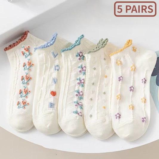 5pair /Lot Cute Flowers Ankle Socks Women No Show Low Cut Thin Breathable Spring Autumn Cartoon Casual Boat Sock Polyester