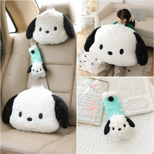 Cute Sanrio Pochacco Headrest Safety Belt Cover Soft Car Accessories Stuffed Animal Back Cushion Plushies Hug Pillow Blanket Plush Toy Birthday Gifts