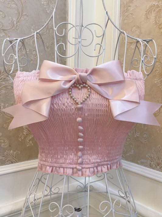 Summer Y2K Cute Vintage Tank Tops Women Bow Bodycon Kawaii Lolita Vest Female Pearl Beading Korean Fashion Sweet Corset New