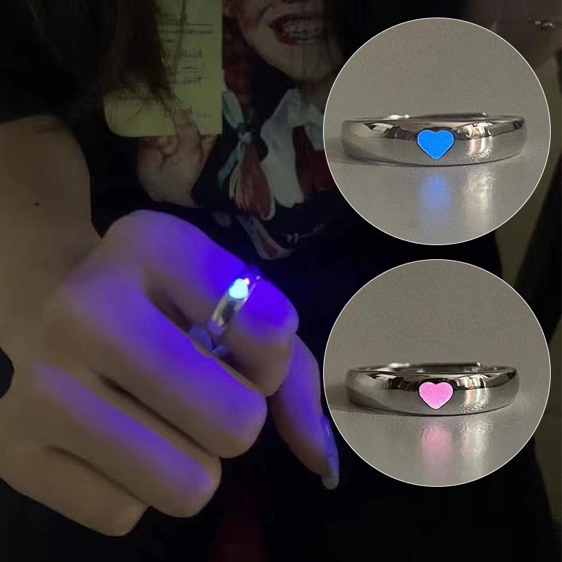 Luminous Love Heart Finger Ring Glow In Dark Fashion Adjustable Couples Rings Silver Color Pink Blue Light Jewelry Lover Gift
