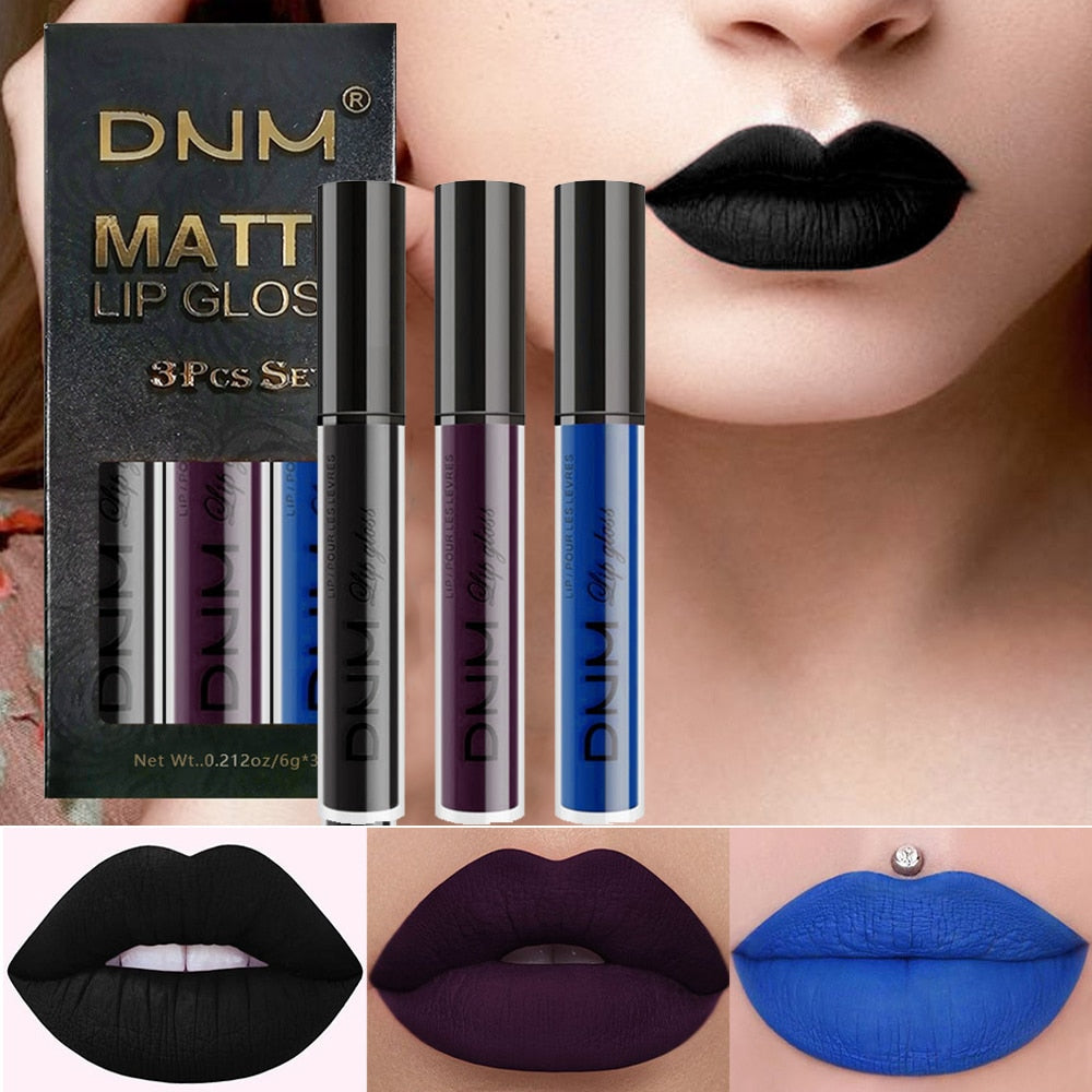 New 3pcs/set Liquid Lipstick Waterproof Long Lasting Cosmetic Black Blue Purple Green Matte Lip Gloss Nude Lip Tint Stain Makeup