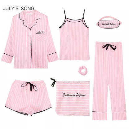 JULY'S SONG Pink 7 Pieces Women's Pajamas Sets Faux Silk Striped Pyjama Women's Pajamas Sleepwear Sets Spring Summer Homewear
