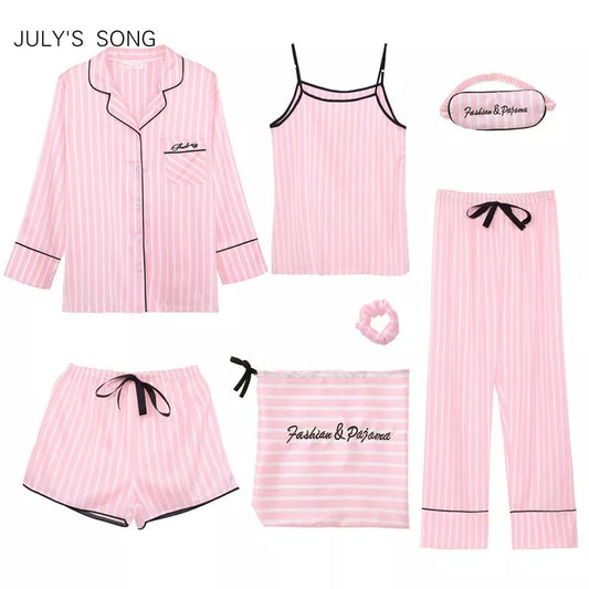 JULY'S SONG Pink 7 Pieces Women's Pajamas Sets Faux Silk Striped Pyjama Women's Pajamas Sleepwear Sets Spring Summer Homewear