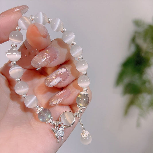 Korean Fashion Imitation Opal Bracelet Simple Pendant Bracelet Ins Moonstone Crystal Bead Moon Pendant Bracelet Jewelry Gifts