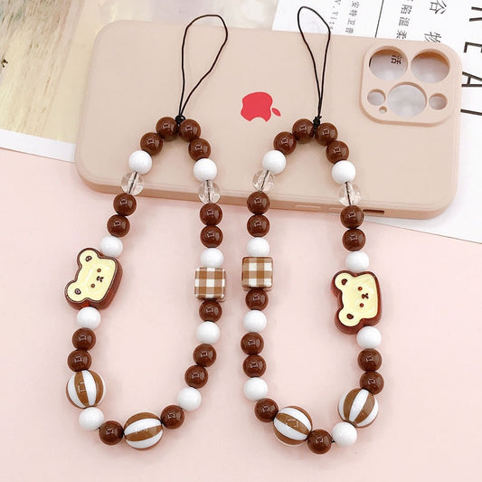 New Acrylic Cute Bear Mobile Phone Strap Lanyard Pearl Cellphone Rope Bow Flower Charm Phone Chain LOVE Jewelry Accessories