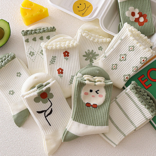 New Ethnic Vintage Green Japanese Sweets Floral Printing Long Socks Autumn Winter Women Retro Cotton Thermal Stockings
