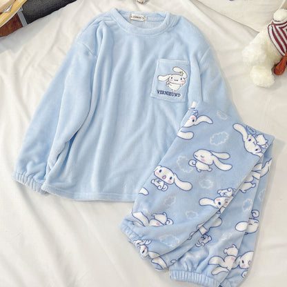 Cute Cartoon Pajamas Kawaii Sanrio Kuromi My Melody Cinnamoroll Flannel Pullover Warm Thick Pajamas Homewear Girl Heart Gift