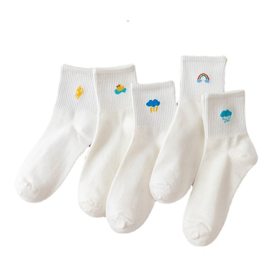5 Pairs Women Long Socks Set Cute Eyes Rainbow Weather Flowers Letter Striped Kawaii Bear Animal Casual Funny Fashion Trendy Sox