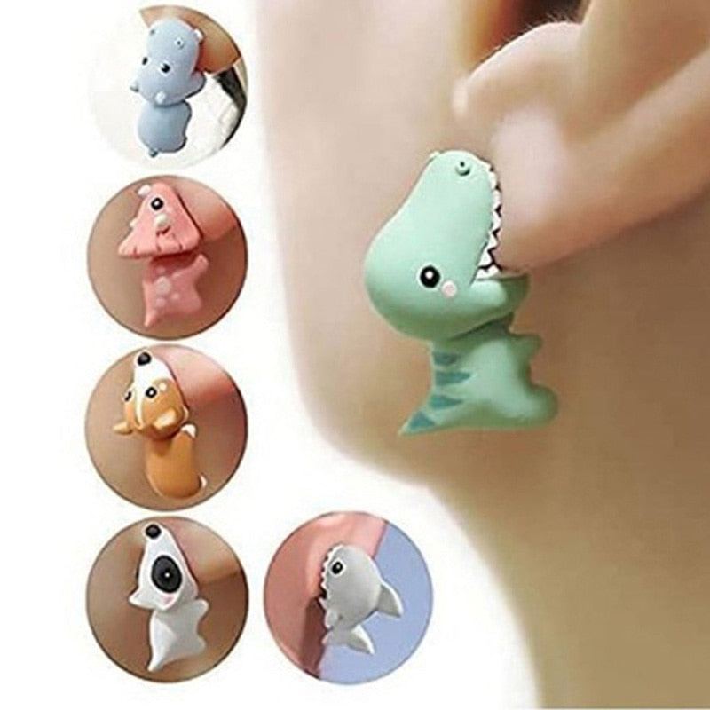 Kawaii Dinosaur T-Rex Stud Earrings: Cute Cartoon Animal Little Dog Whale Hippo Baby Shark Bite Ear Clay Jewelry Funny Gift