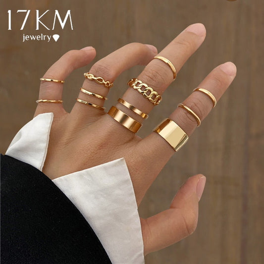 17KM Hiphop Gold Color Chain Rings Set For Women Girls Punk Geometric Simple Finger Rings Trend Jewelry Party
