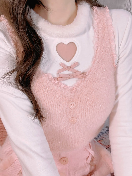 Winter Pink Kawaii Lolita Vest Women Lace Japanese Casual Sweet Cute Tanks Bow Warm Princess Camisole Korean Style Clothing