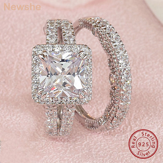Newshe 2 Pcs Vintage Wedding Rings Set for Women Solid 925 Sterling Silver 4Ct Princess Cut 5A CZ Engagement Fine Jewelry