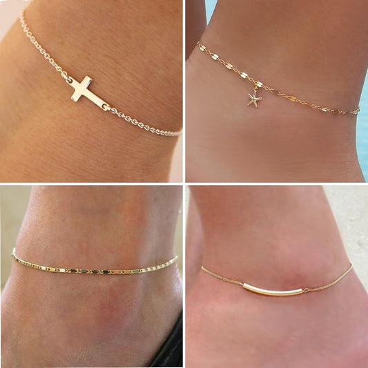 Women's Anklet Bohemian Cross Star Anklet Summer Beach Anklets On Foot Ankle Bracelets Stainless Steel Leg Chain