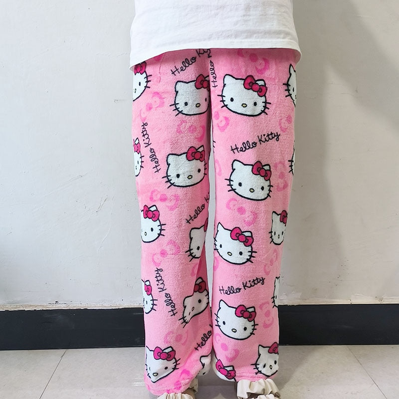 New Sanrio Anime Cartoon Hello Kitty Coral Fleece Pajama Pants Soft Trousers Women Casual Home Trousers Kawaii Birthday Gift