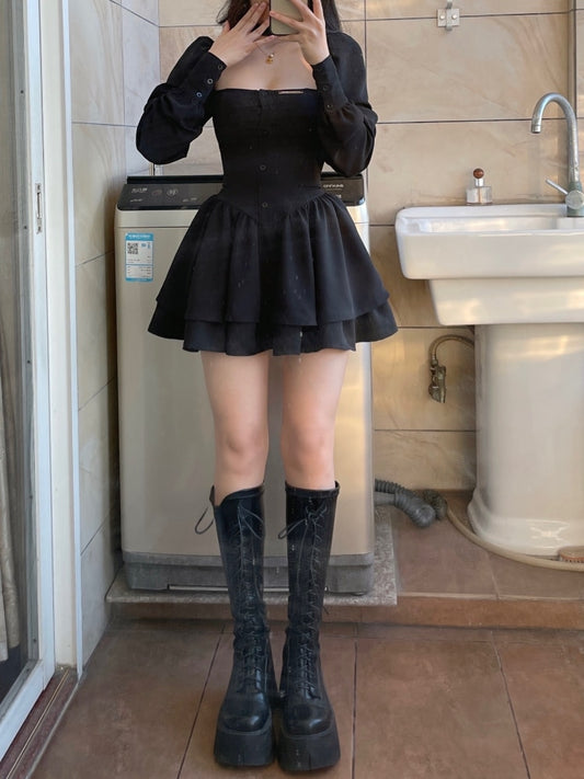 Black Vintage 3 Piece Skirt Set Women Lolita Y2k Mini Skirt Suit Female Casual Korean Fashion Long Sleeve Retro Set
