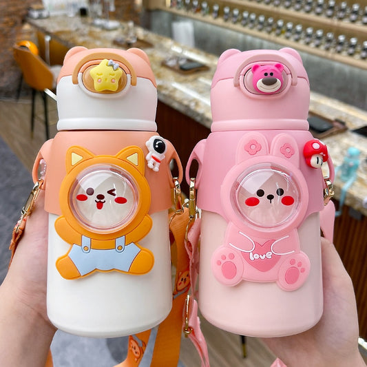 550ml Cute Thermos Cup Children's Kawaii Water Bottle Kettle Portable Outdoor Stainless Steel Straw Cup School Kids Cartoon Girl