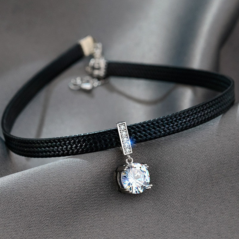 Glitter Zircon Geometric Pendant Choker Black Leather Short Necklace for Women Temperament Aesthetic Jewelry Accessories