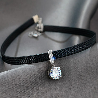 Glitter Zircon Geometric Pendant Choker Black Leather Short Necklace for Women Temperament Aesthetic Jewelry Accessories