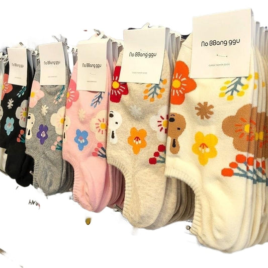 5 Pairs Of Women's Socks Cartoon Cute Silicone Non-slip Breathable Invisible Pure Cotton Ankle Boots Socks Soft Slippers Socks
