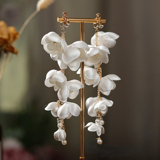 French satin lily of the valley beaded tassel earrings bridal white gauze dress Joker photo earrings