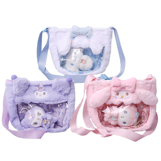 Anime Sanrio Cartoon Plush Doll Bag Kawali Figure Cinnamoroll Kuromi My Melody Messenger Bag Shoulder Backpack with Stuffed Animal Plushies For Girl