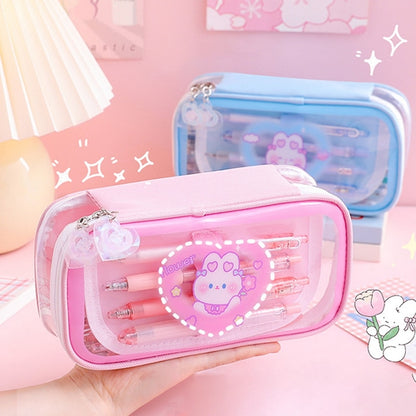 Cute Cartoon Bear Large Capacity Pencil Case Transparent Multi Layered Pencil Bag Stationery Storage Bag Box School Supplies