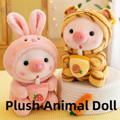 Super Soft Kawaii Cartoon Plush Toy Stuffed Animal Cute Pig Bunny Frog Unicorn Tiger With Tea With Milk Doll Kids Birthday Gift