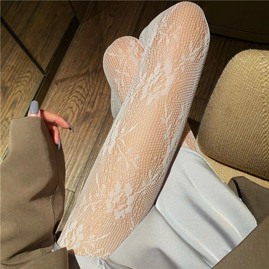 Black White Lolita Hollowed Lace Mesh Stockings Bottomed Pantyhose Japanese Goth Floral Rattan Stocking Hot Classic Tights